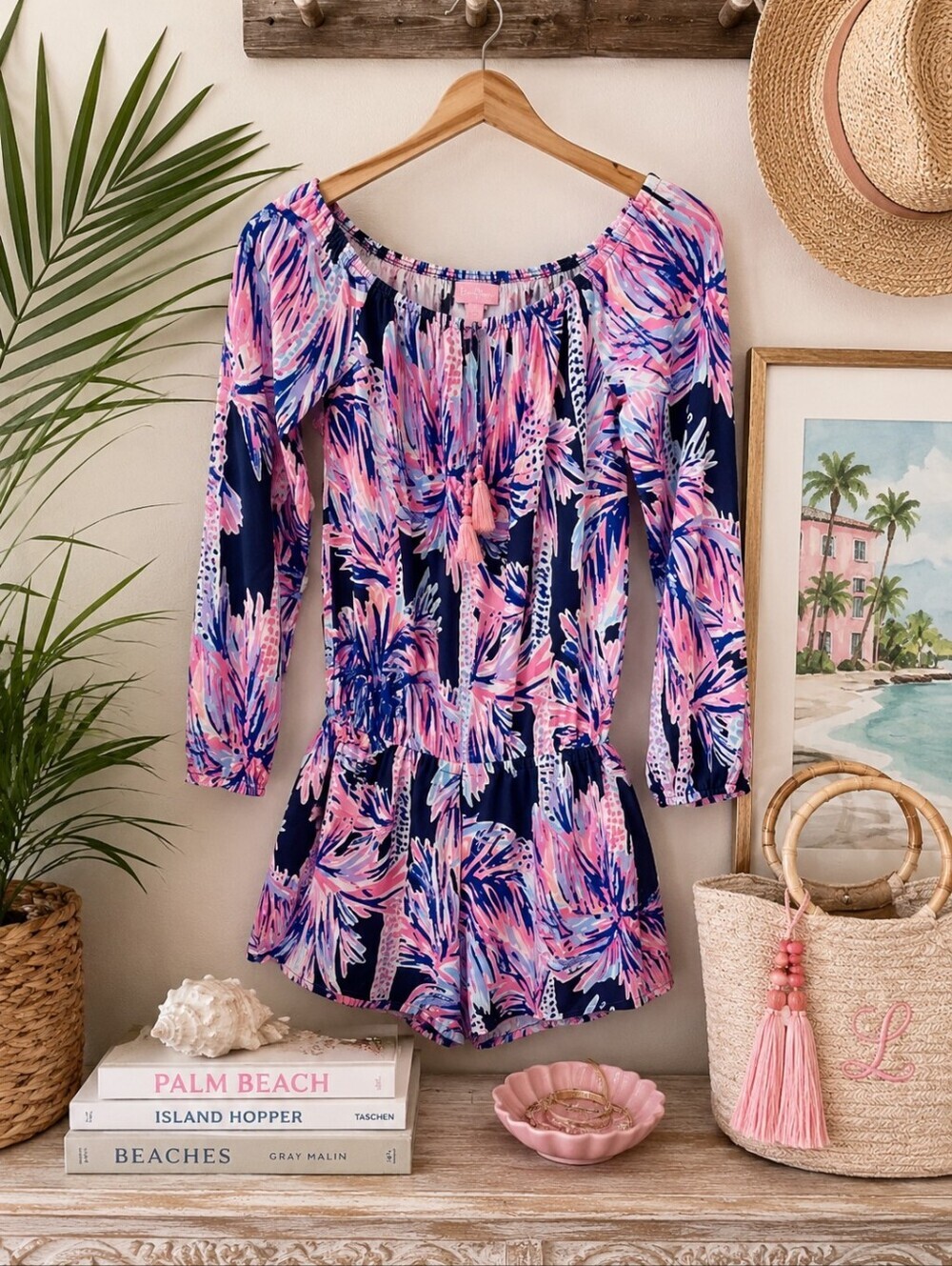 Lilly Pulitzer Off Shoulder Floral Lana Romper Pink Blue Resort